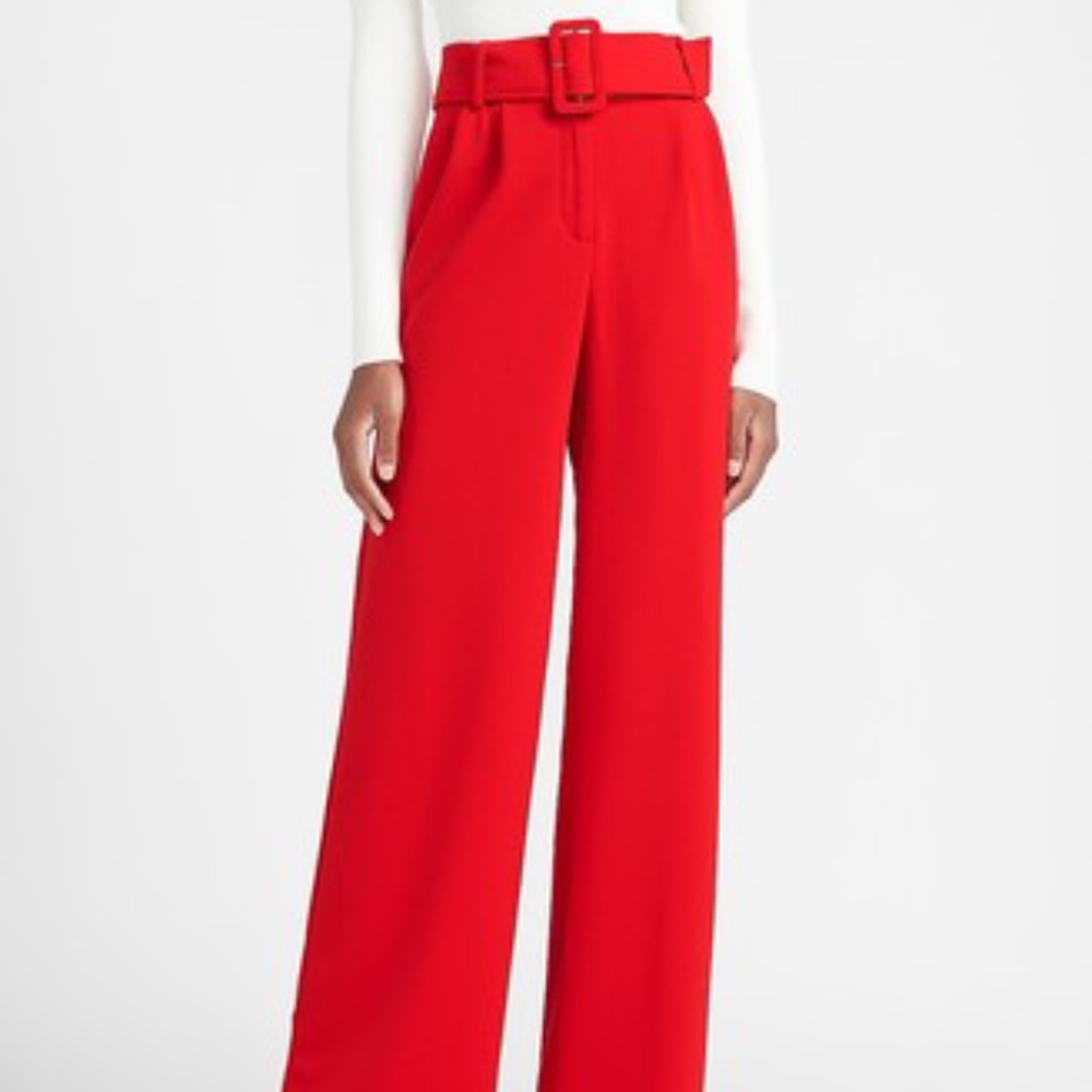 High Waisted Belted Wide Leg Red Pants- Small